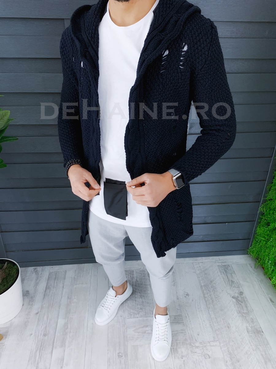 Cardigan barbati bleumarin cu gluga slim fit zr t3601 95-1